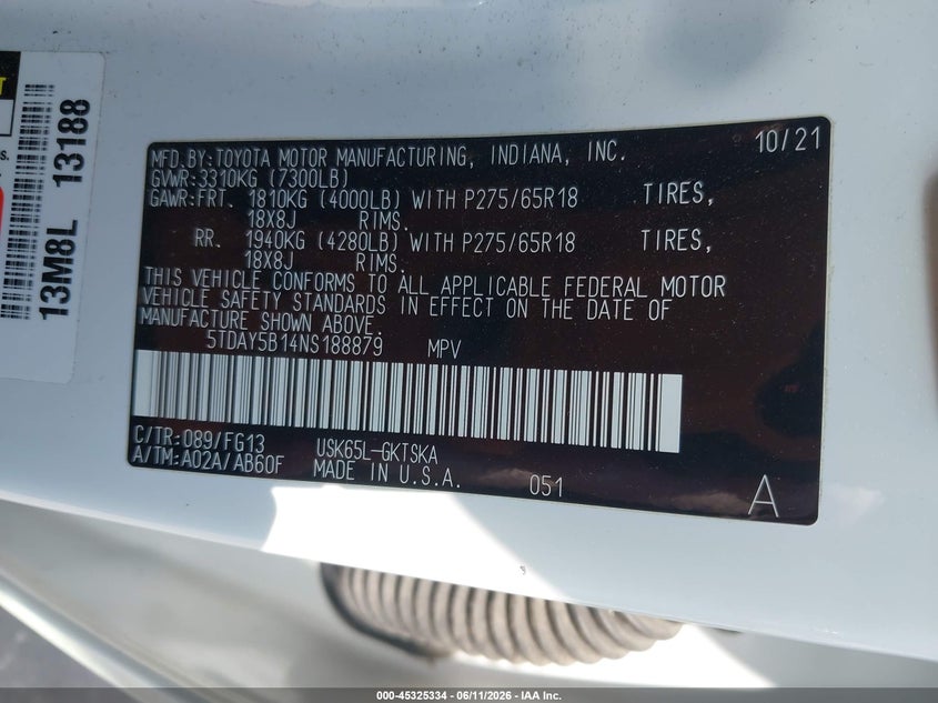 2022 Toyota Sequoia VIN 5TDAY5B14NS188879 IAAI salvage auction — ROOF, Salvage (Kansas), sold $14,500 on 2026-08-02 (photo 9)