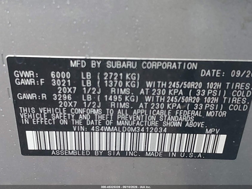 2021 Subaru Ascent VIN 4S4WMALD0M3412034 IAAI salvage auction — FRONT END, Salvage (Virginia), sold $7,150 on 2026-07-27 (photo 9)