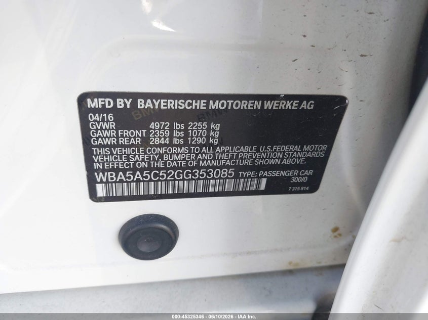 2016 BMW 5er VIN WBA5A5C52GG353085 IAAI salvage auction — FRONT END, Salvage Title, sold $2,300 on 2026-07-24 (photo 9)