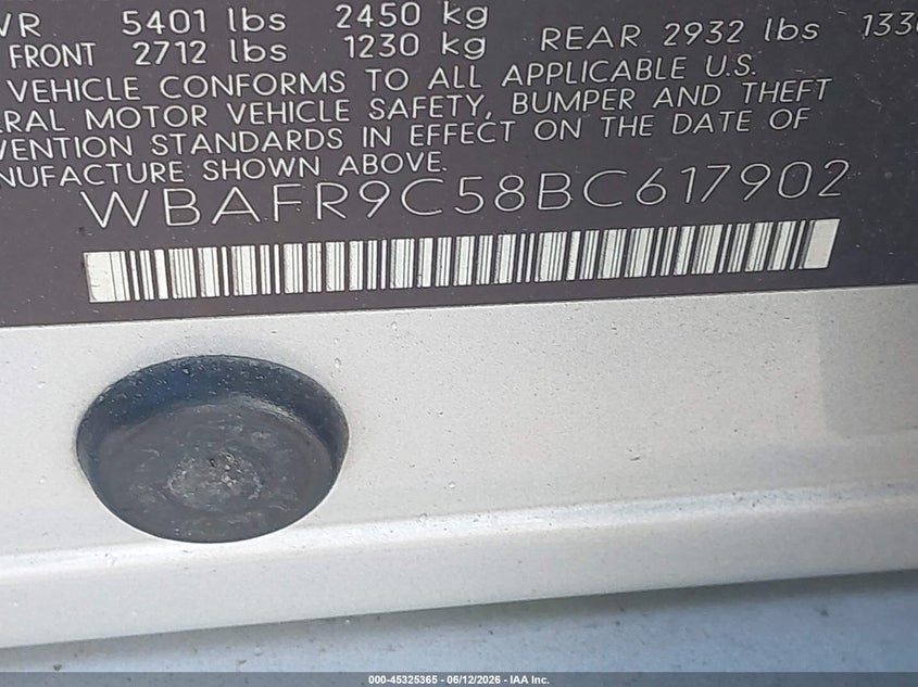 2011 BMW 5 series VIN WBAFR9C58BC617902 IAAI salvage auction — HAIL, Original (Texas), sold $2,425 on 2026-07-24 (photo 9)
