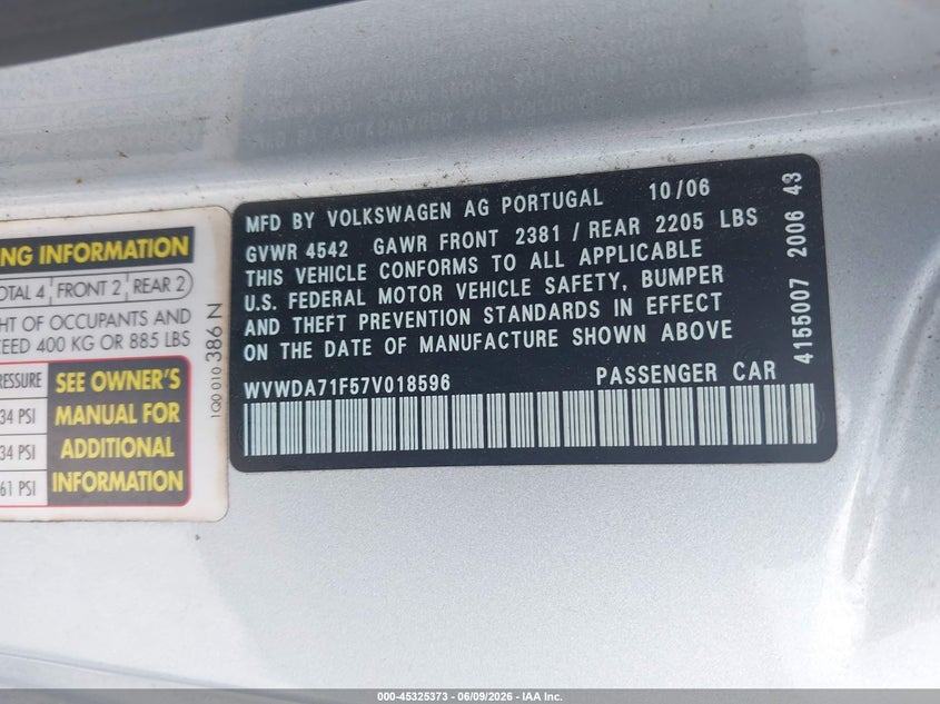 2007 Volkswagen Eos VIN WVWDA71F57V018596 IAAI salvage auction — NORMAL WEAR, Clear-Dealer Only (North Carolina), sold $175 on 2026-07-14 (photo 9)
