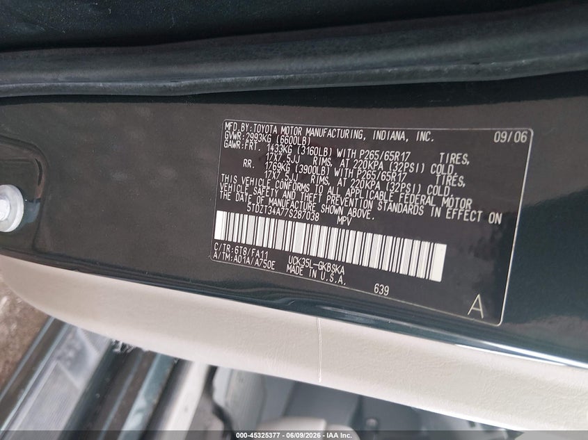 2007 Toyota Sequoia VIN 5TDZT34A77S287038 IAAI salvage auction — FRONT END, Salvage (Ohio), sold $675 on 2026-07-09 (photo 9)