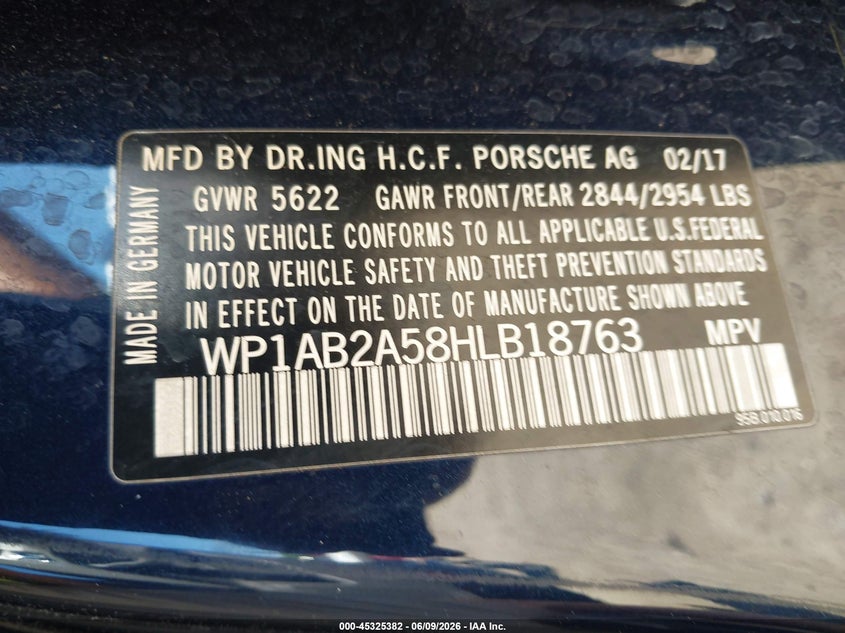 2017 Porsche Macan VIN WP1AB2A58HLB18763 IAAI salvage auction — FRONT END, Salvage Title, sold $6,200 on 2026-07-10 (photo 9)