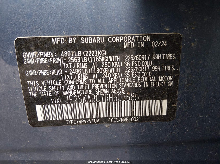 2024 Subaru Forester VIN JF2SKABC7RH503685 IAAI salvage auction — FRONT & REAR, Salvage (Pennsylvania), sold $625 on 2026-07-28 (photo 9)