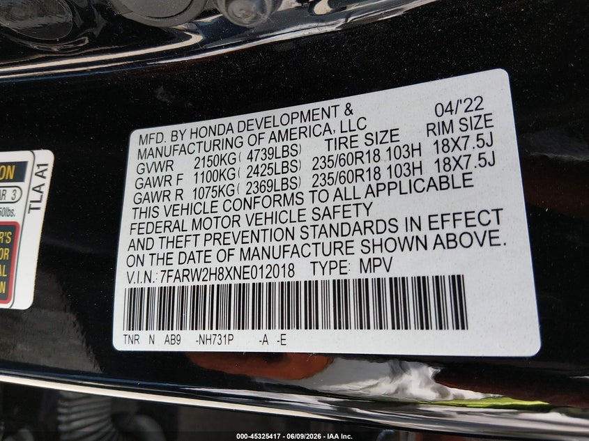 2022 Honda Cr-v VIN 7FARW2H8XNE012018 IAAI salvage auction — SIDE, Salvage Title, sold $10,750 on 2026-07-15 (photo 9)