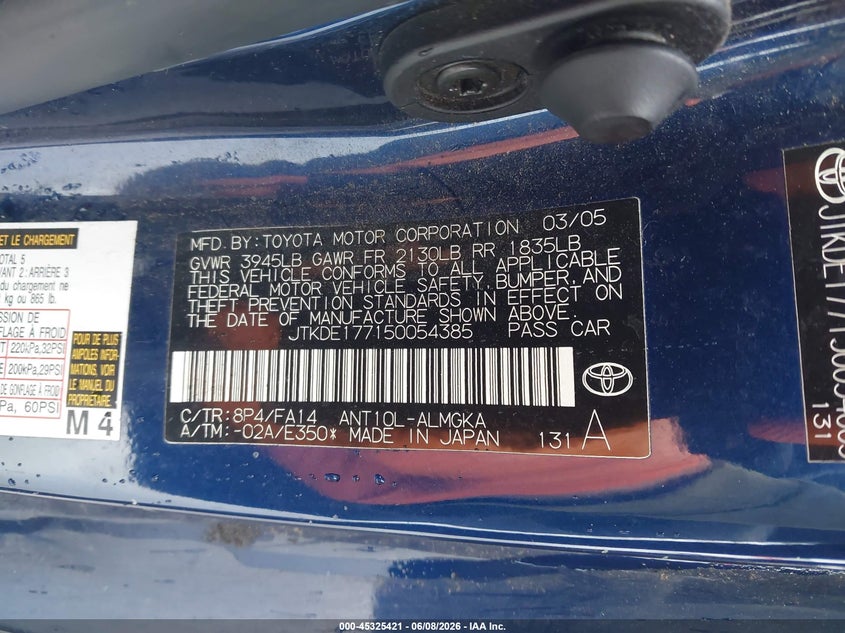 2005 Scion Tc VIN JTKDE177150054385 IAAI salvage auction — RIGHT FRONT, Salvage (Oregon), sold $25 on 2026-07-31 (photo 9)