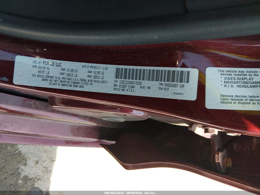 2016 Chrysler 200 VIN 1C3CCCCG4GN172323 IAAI salvage auction — HAIL, Salvage (Missouri), sold $875 on 2026-07-28 (photo 9)