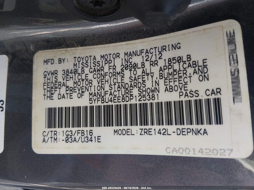 2013 Toyota Corolla VIN 5YFBU4EE8DP125381 IAAI salvage auction — NORMAL WEAR, Regular Certificate (Iowa), sold $1,400 on 2026-07-14 (photo 9)