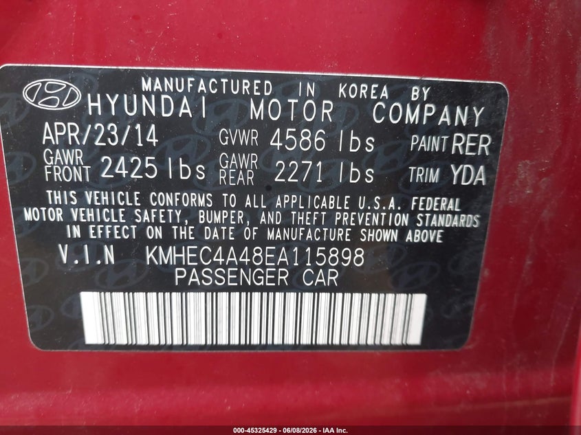 2014 Hyundai Sonata VIN KMHEC4A48EA115898 IAAI salvage auction — NORMAL WEAR, Salvage Title, sold $375 on 2026-07-21 (photo 9)
