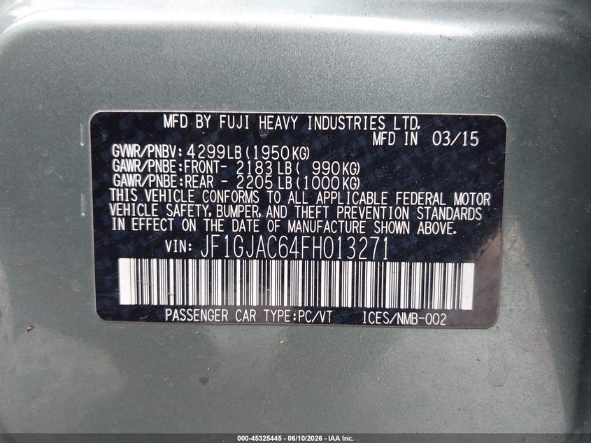 2015 Subaru Impreza VIN JF1GJAC64FH013271 IAAI salvage auction — FRONT & REAR, Bill Of Sale (Washington), sold $175 on 2026-07-08 (photo 9)