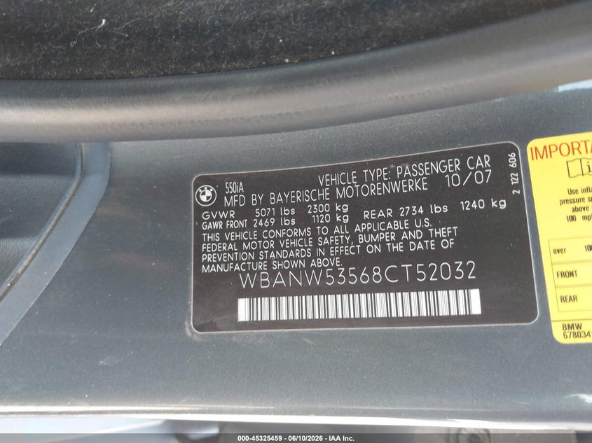 2008 BMW 5er VIN WBANW53568CT52032 IAAI salvage auction — NORMAL WEAR, Original (Texas), sold $975 on 2026-07-09 (photo 9)