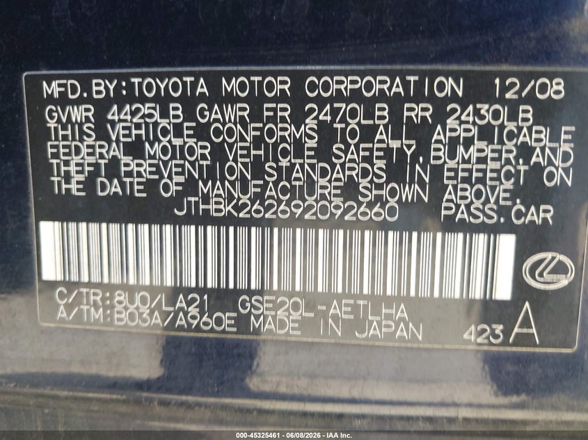 2009 Lexus Is 250 VIN JTHBK262692092660 IAAI salvage auction — FRONT END, Salvage (Texas), sold $425 on 2026-07-15 (photo 9)