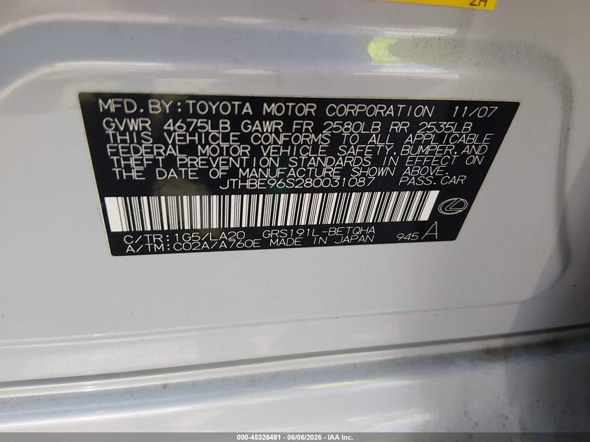 2008 Lexus Gs VIN JTHBE96S280031087 IAAI salvage auction — NORMAL WEAR, Salvage Rebuilt (North Carolina), sold $500 on 2026-07-20 (photo 9)