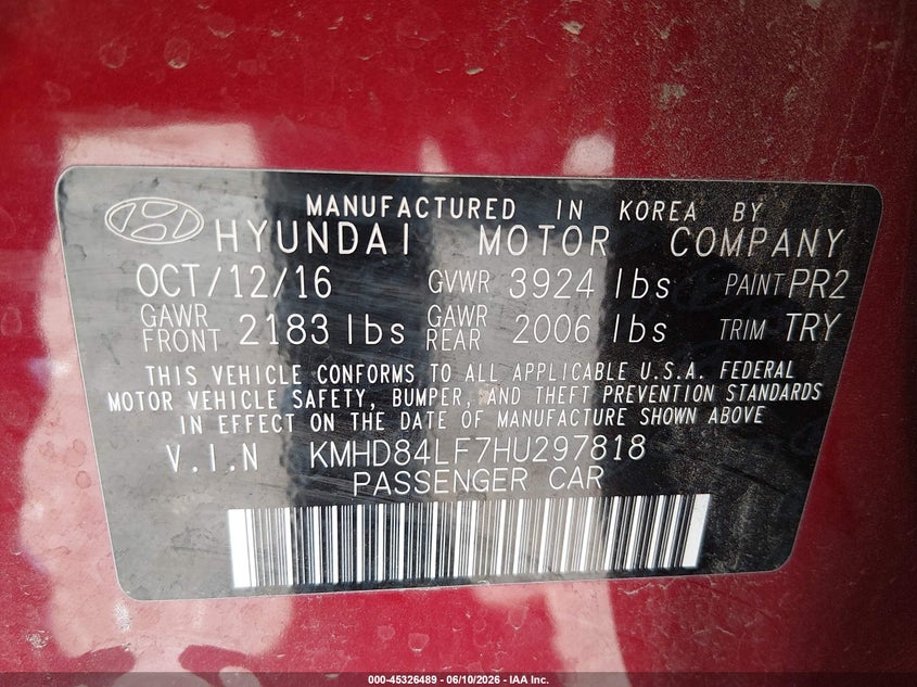 2017 Hyundai Elantra VIN KMHD84LF7HU297818 IAAI salvage auction — FRONT END, Salvage (Mississippi), sold $1,725 on 2026-07-15 (photo 9)