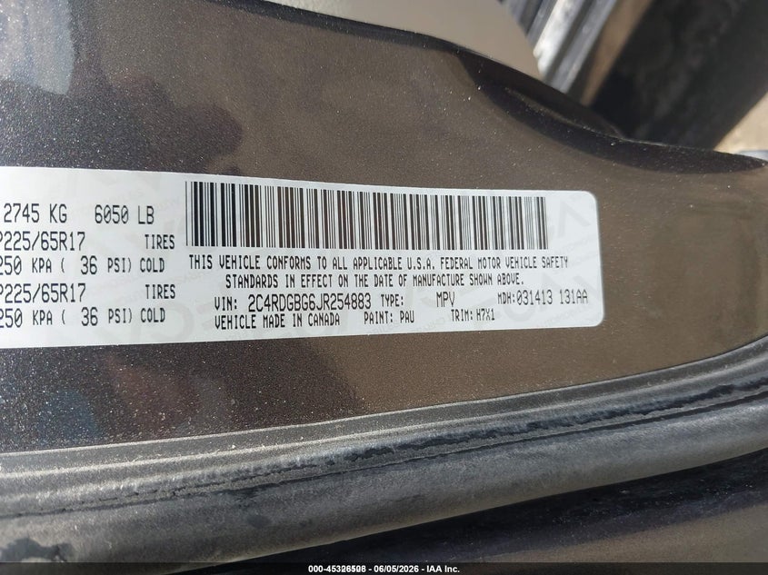 2018 Dodge Grand caravan VIN 2C4RDGBG6JR254883 IAAI salvage auction — NORMAL WEAR, Sf97 (Ohio), sold $18,150 on 2026-07-15 (photo 9)