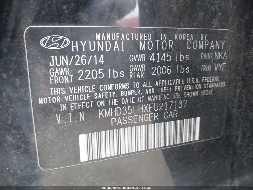 2014 Hyundai Elantra VIN KMHD35LHXEU217137 IAAI salvage auction — FRONT END, Salvage Title, sold $975 on 2026-07-28 (photo 9)