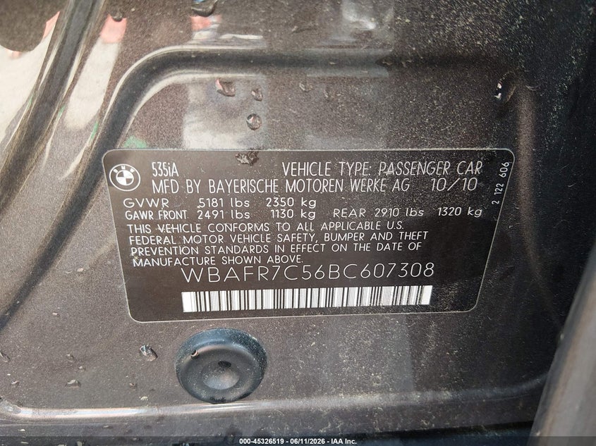 2011 BMW 5 series VIN WBAFR7C56BC607308 IAAI salvage auction — RIGHT FRONT, Clear (Virginia), sold $1,300 on 2026-07-12 (photo 9)