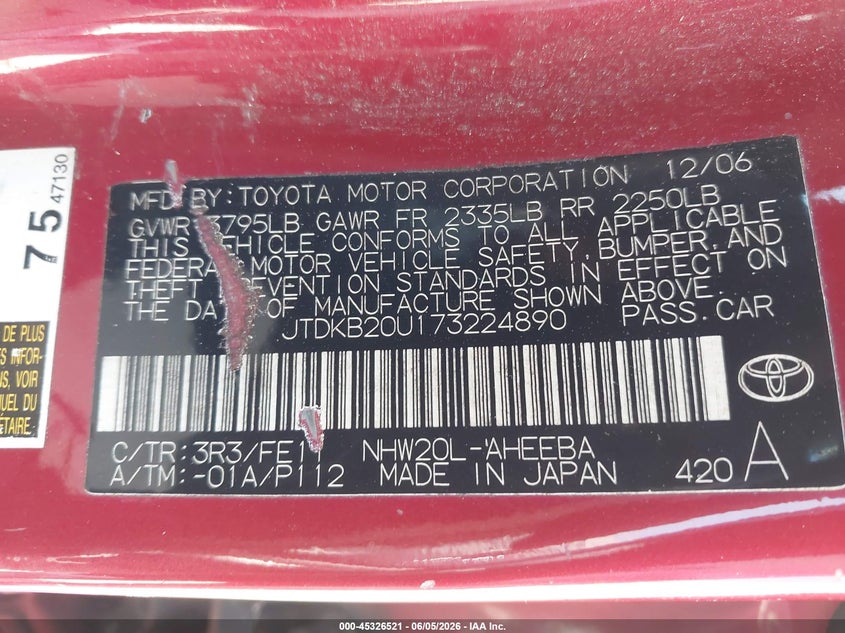 2007 Toyota Prius VIN JTDKB20U173224890 IAAI salvage auction — NORMAL WEAR, Salvage Title - Dealer (California), sold $550 on 2026-07-20 (photo 9)