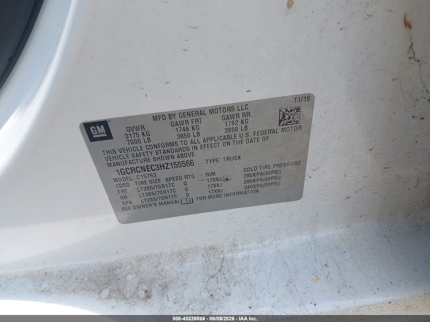 2017 Chevrolet Silverado VIN 1GCRCNEC3HZ155566 IAAI salvage auction — NORMAL WEAR, SF97 (Louisiana), sold $13,250 on 2026-07-09 (photo 9)