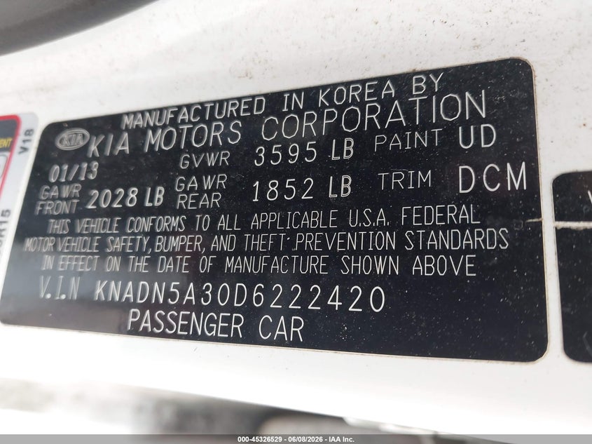 2013 Kia Rio VIN KNADN5A30D6222420 IAAI salvage auction — FRONT END, Salvage Title, sold $225 on 2026-07-09 (photo 9)
