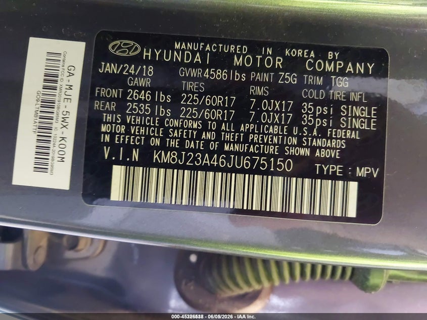 2018 Hyundai Tucson VIN KM8J23A46JU675150 IAAI salvage auction — NORMAL WEAR, Sf97 (Texas), sold $10,325 on 2026-07-07 (photo 9)