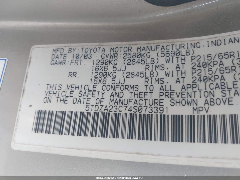 2004 Toyota Sienna VIN 5TDZA23C74S073391 IAAI salvage auction — REPOSSESSION, Bill Of Sale (Georgia), sold $775 on 2026-07-15 (photo 9)