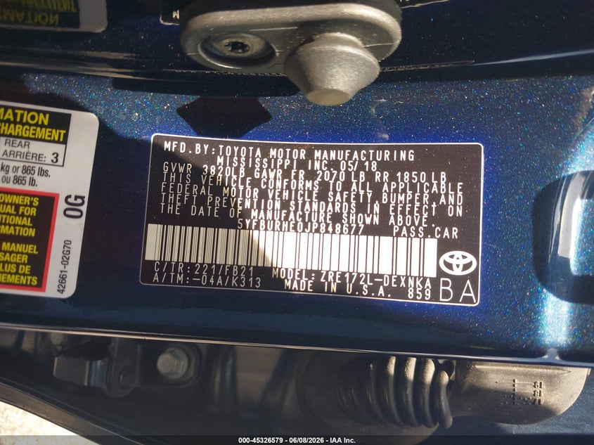2018 Toyota Corolla VIN 5YFBURHE0JP848677 IAAI salvage auction — FRONT & REAR, Salvage Title, sold $3,650 on 2026-07-16 (photo 9)