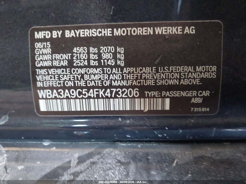 2015 BMW 3er VIN WBA3A9C54FK473206 IAAI salvage auction — EXTERIOR BURN, Wait Title, sold $500 on 2026-10-25 (photo 9)