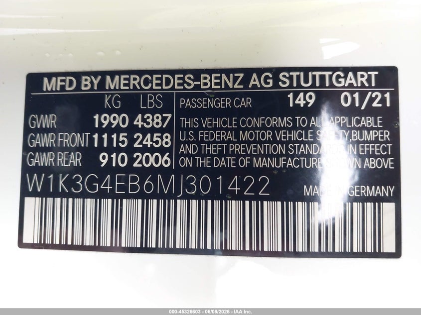 2021 Mercedes-benz A-klasse VIN W1K3G4EB6MJ301422 IAAI salvage auction — FRONT END, Salvage Title, sold $8,000 on 2026-08-06 (photo 9)