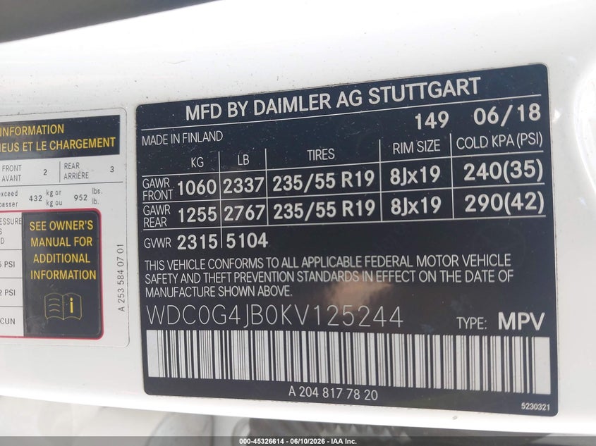 2019 Mercedes-benz Glc VIN WDC0G4JB0KV125244 IAAI salvage auction — FRONT END, Salvage (Alabama), sold $5,500 on 2026-07-06 (photo 9)