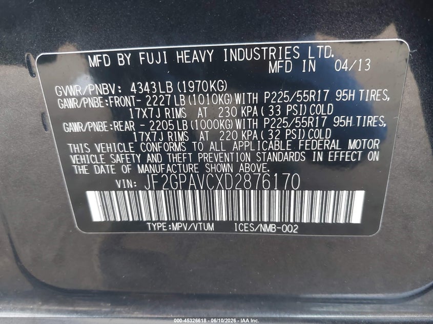 2013 Subaru Xv VIN JF2GPAVCXD2876170 IAAI salvage auction — REAR END, Salvage Title, sold $1,550 on 2026-07-28 (photo 9)