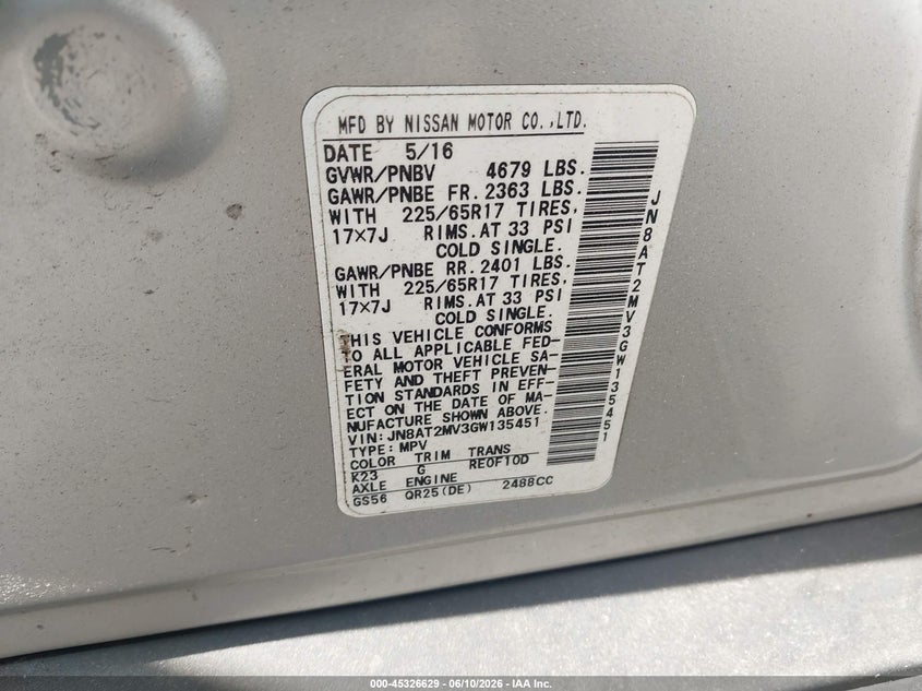 2016 Nissan Rogue VIN JN8AT2MV3GW135451 IAAI salvage auction — REAR END, Salvage (Connecticut), sold $675 on 2026-07-28 (photo 9)