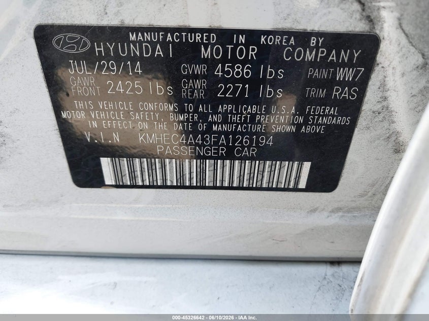 2015 Hyundai Sonata VIN KMHEC4A43FA126194 IAAI salvage auction — REAR END, Salvage Title, sold $875 on 2026-07-17 (photo 9)