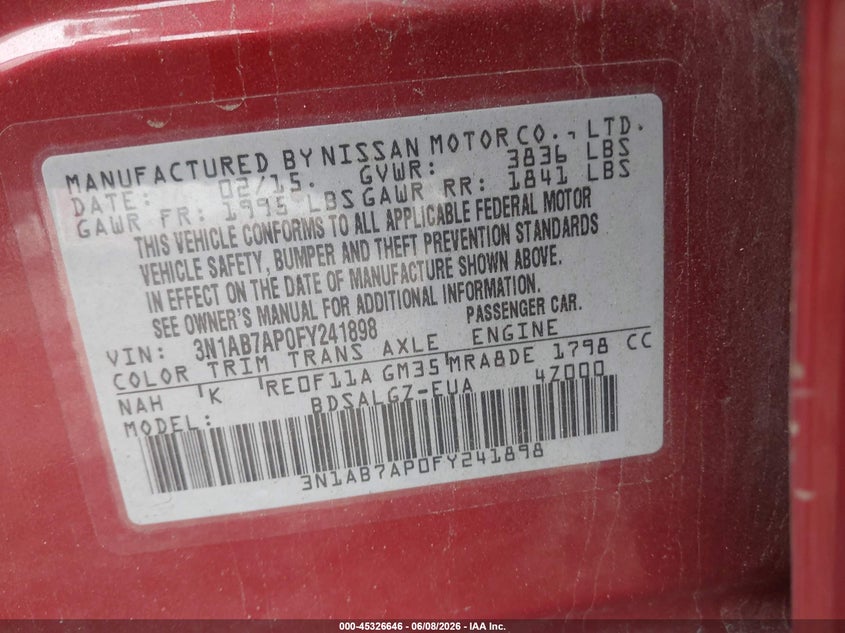 2015 Nissan Sentra VIN 3N1AB7AP0FY241898 IAAI salvage auction — REAR END, Salvage Title, sold $525 on 2026-09-10 (photo 9)