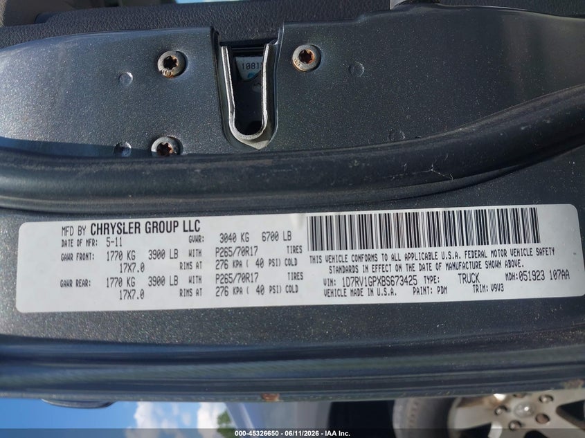 2011 Ram Ram 1500 VIN 1D7RV1GPXBS673425 IAAI salvage auction — FRONT & REAR, Clear (Virginia), sold $25 on 2026-07-07 (photo 9)