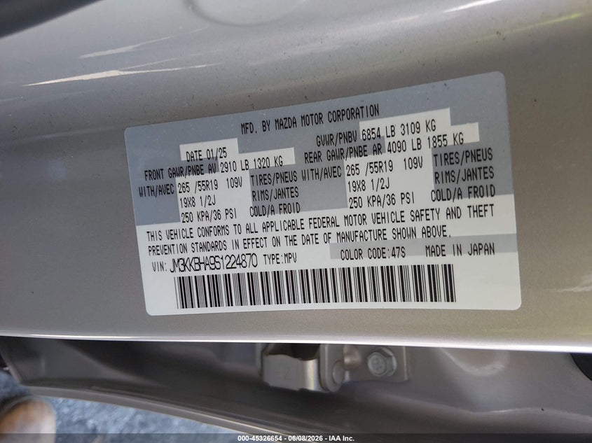 2025 Mazda Cx-90 VIN JM3KKBHA9S1224870 IAAI salvage auction — FRONT END, Salvage Title, sold $6,800 on 2026-07-29 (photo 9)