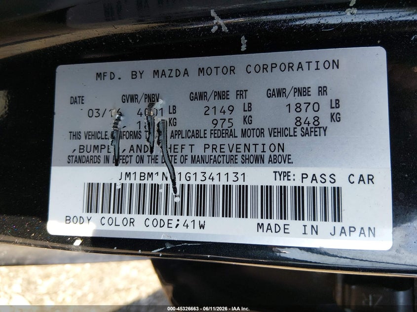 2016 Mazda 3 VIN JM1BM1N71G1341131 IAAI salvage auction — FRONT END, Salvage (South Carolina), sold $500 on 2026-07-22 (photo 9)