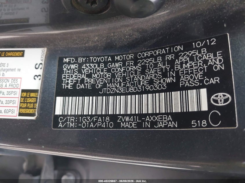 2013 Toyota Prius v VIN JTDZN3EU8D3190303 IAAI salvage auction — FRONT END, Clear (Arizona), sold $1,200 on 2026-07-29 (photo 9)