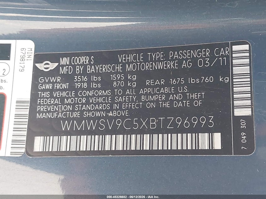 2011 Mini John cooper works VIN WMWSV9C5XBTZ96993 IAAI salvage auction — REAR END, Nrc Lienholder Repossession Paperwork (Oregon), sold $250 on 2026-08-06 (photo 9)