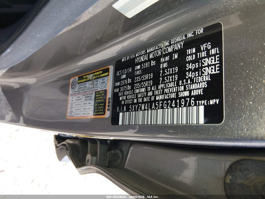 2015 Hyundai Santa fe VIN 5XYZW4LA5FG241976 IAAI salvage auction — NORMAL WEAR, Salvage Title, sold $900 on 2026-07-07 (photo 9)