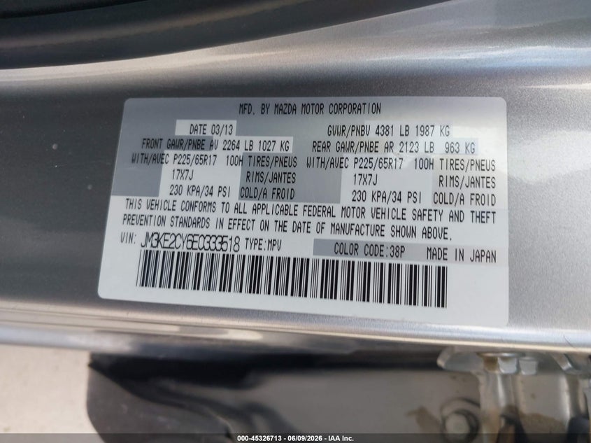 2014 Mazda Cx-5 VIN JM3KE2CY6E0333518 IAAI salvage auction — FRONT END, Salvage Title, sold $1,025 on 2026-07-16 (photo 9)