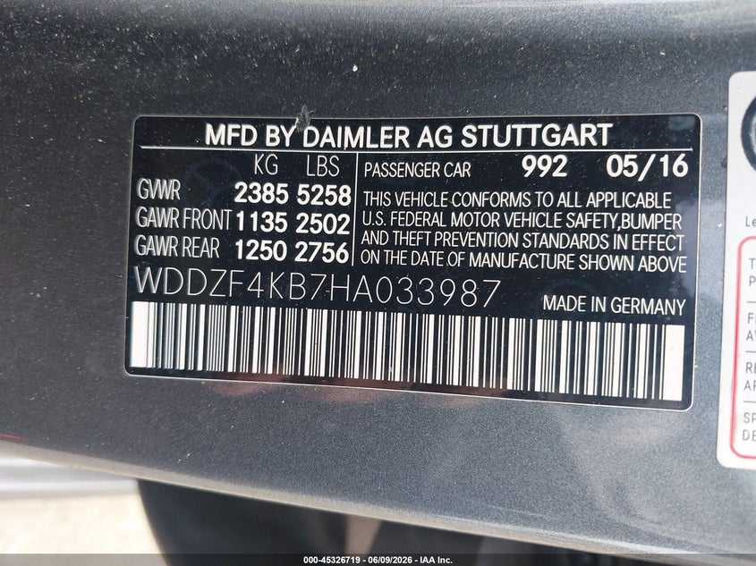 2017 Mercedes-benz E-klasse VIN WDDZF4KB7HA033987 IAAI salvage auction — LEFT FRONT, Salvage - 75% Or Less (Maryland), sold $2,050 on 2026-07-28 (photo 9)