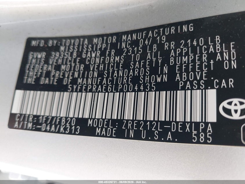 2020 Toyota Corolla VIN 5YFEPRAE6LP004435 IAAI salvage auction — UNKNOWN, Salvage Title, sold $25 on 2026-07-27 (photo 9)
