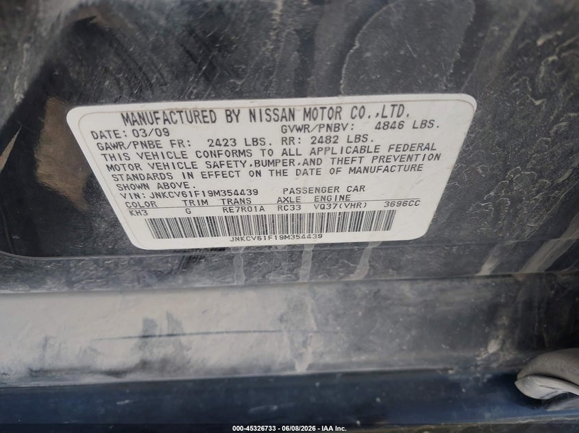 2009 Infiniti G37 VIN JNKCV61F19M354439 IAAI salvage auction — LEFT FRONT, Salvage (Iowa), sold $575 on 2026-07-07 (photo 9)