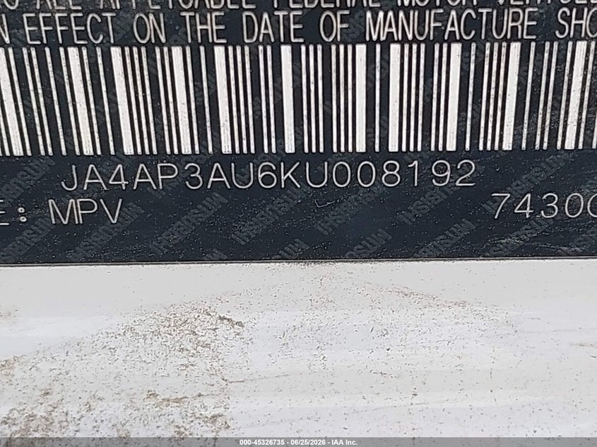 2019 Mitsubishi Outlander VIN JA4AP3AU6KU008192 IAAI salvage auction — FRONT END, Salvage Title, sold $600 on 2026-07-26 (photo 9)