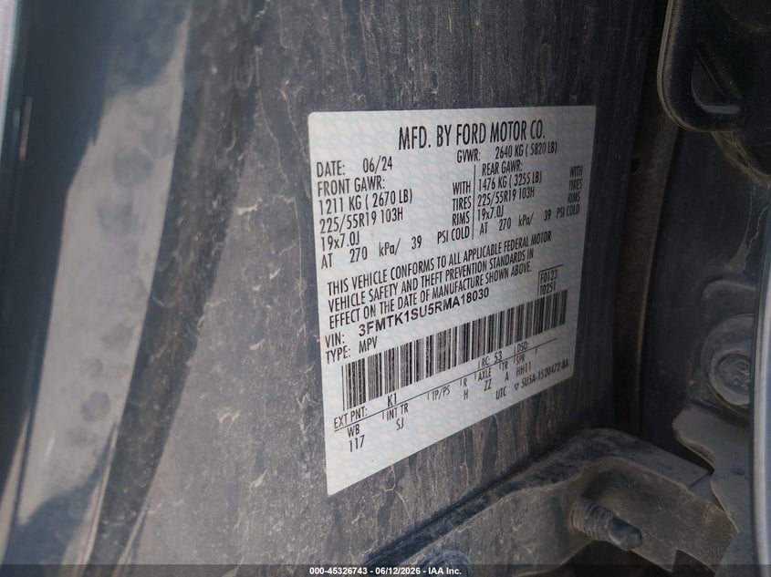 2024 Ford Mustang mach-e VIN 3FMTK1SU5RMA18030 IAAI salvage auction — RIGHT SIDE, Clear (Kansas), sold $12,150 on 2026-08-20 (photo 9)