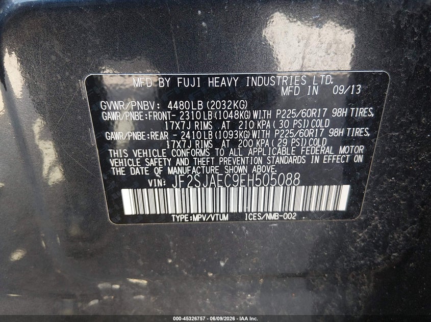 2014 Subaru Forester VIN JF2SJAEC9EH505088 IAAI salvage auction — FRONT END, Salvage Title, sold $500 on 2026-07-09 (photo 9)