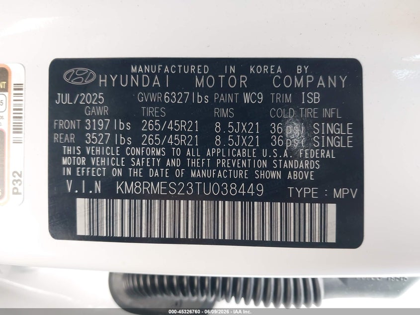 2026 Hyundai Palisade VIN KM8RMES23TU038449 IAAI salvage auction — FRONT END, Salvage Title, sold $22,925 on 2026-07-22 (photo 9)