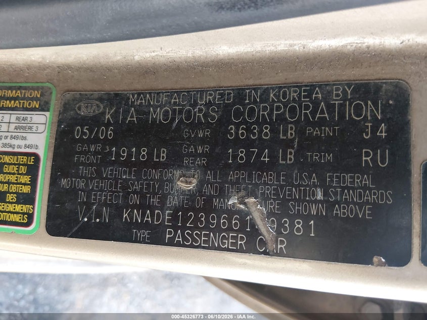 2006 Kia Rio VIN KNADE123966149381 IAAI salvage auction — SIDE, Salvage (Mississippi), sold $250 on 2026-07-15 (photo 9)
