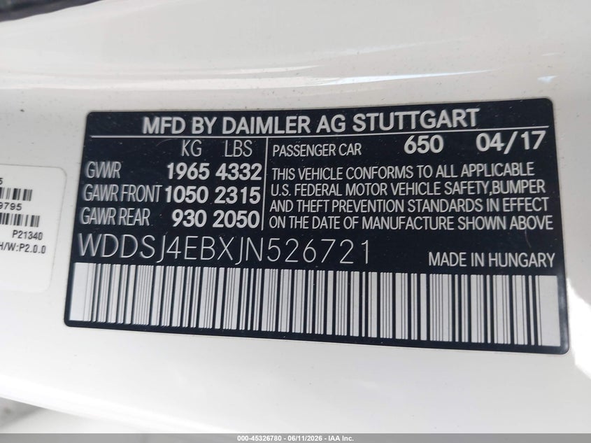 2018 Mercedes-benz Cla-klasse VIN WDDSJ4EBXJN526721 IAAI salvage auction — FRONT END, Salvage Title, sold $3,450 on 2026-08-10 (photo 9)